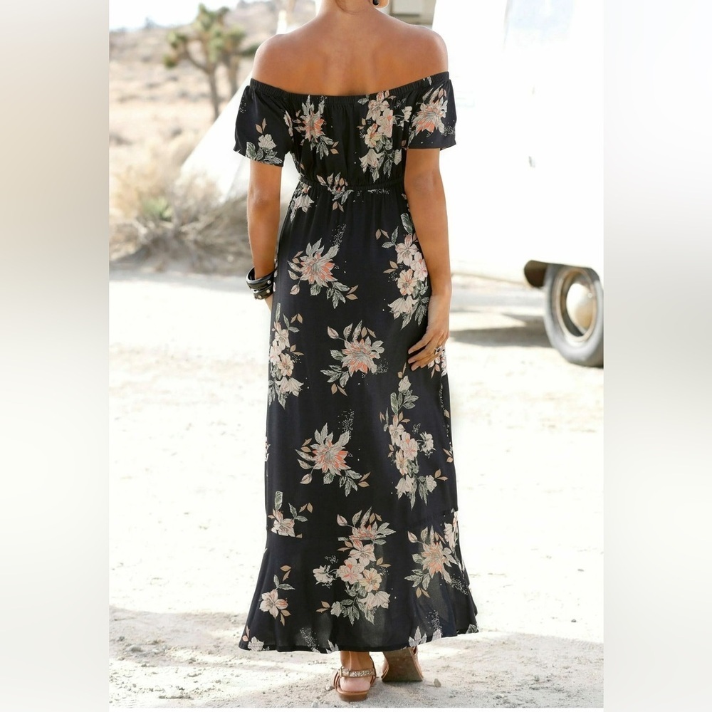 Women’s | Black Floral Off Shoulder Midi Dress Button Front | Size Medium - Picture 3 of 9